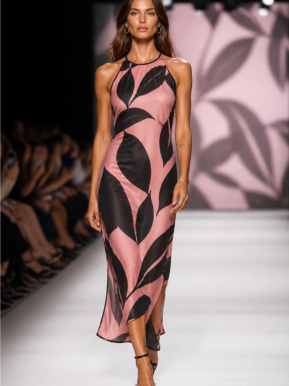 Sleeveless Pink & Black Leaf-Print Midi Dress